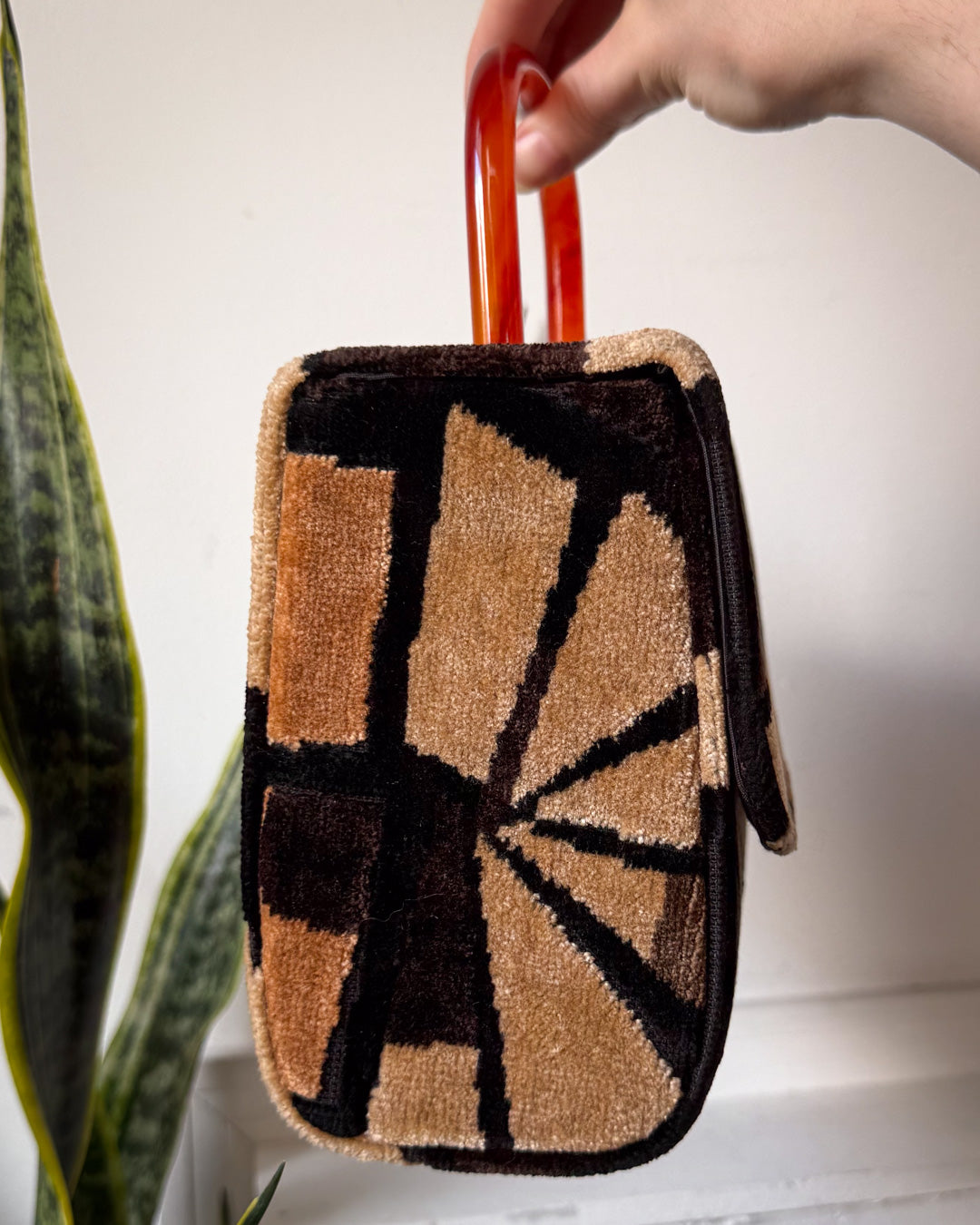 60s Black & Brown Tapestry Lucite Handle Box Bag