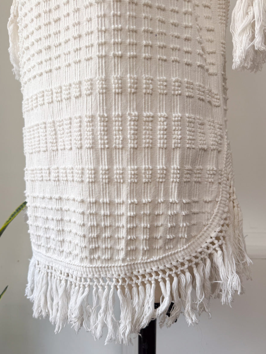 60s Textured Cotton Fringe Dress / M