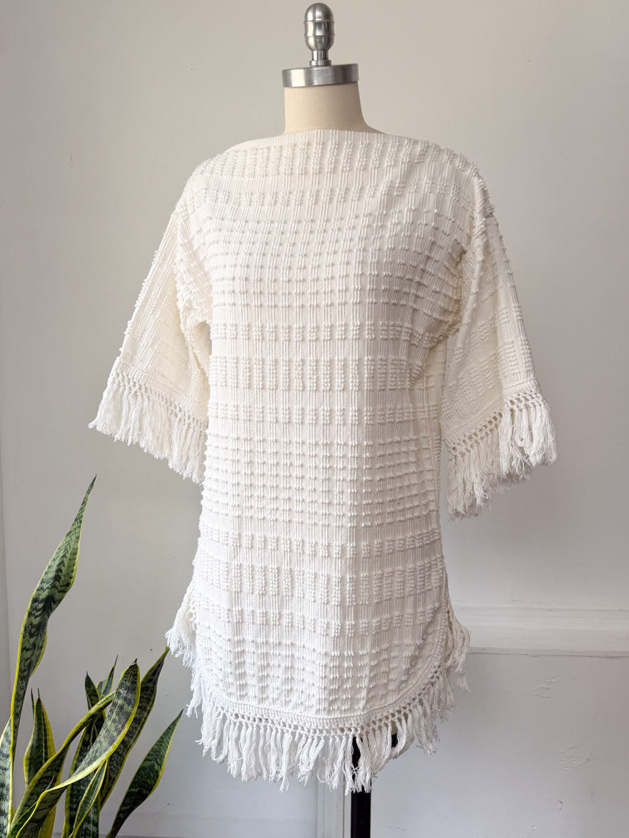 60s Textured Cotton Fringe Dress / M