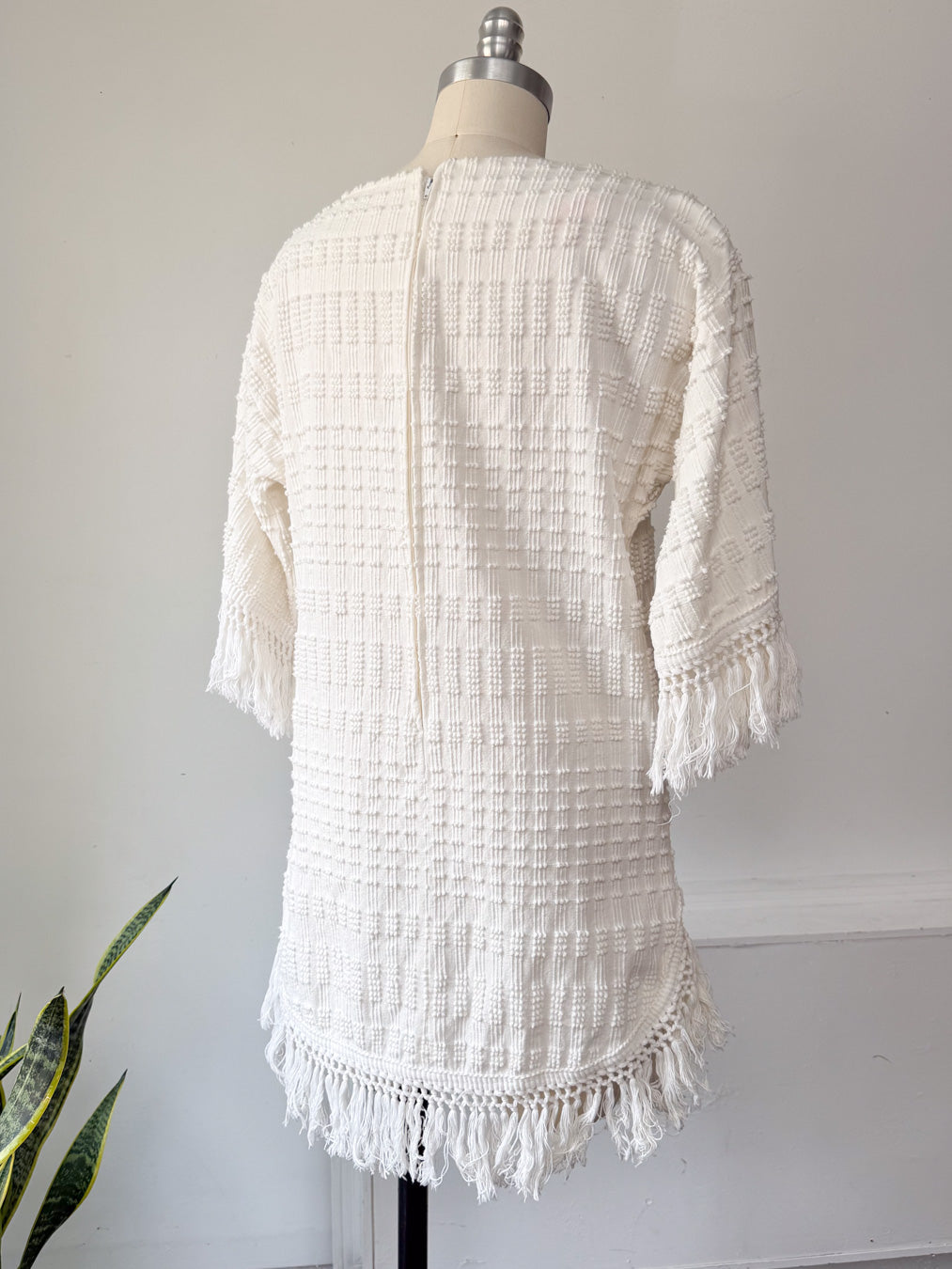 60s Textured Cotton Fringe Dress / M