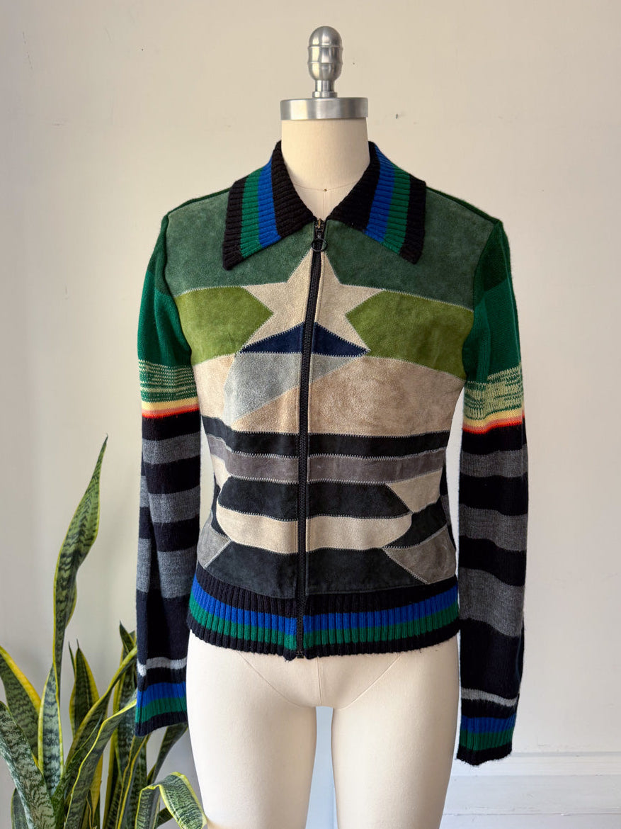 70s Collage Suede Sweater Jacket / S