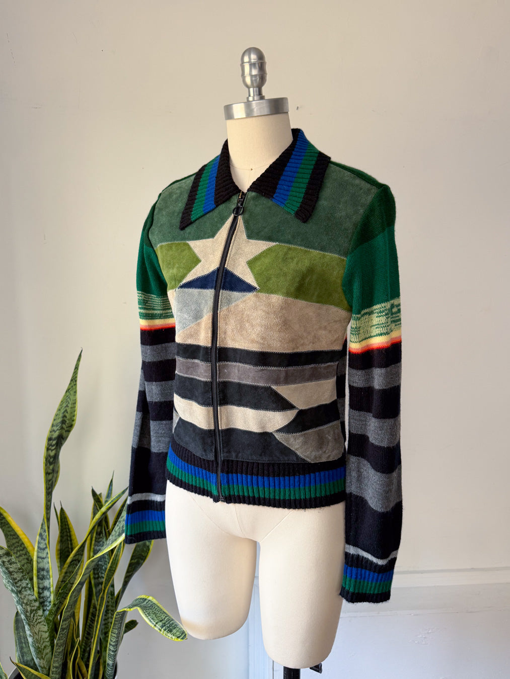 70s Collage Suede Sweater Jacket / S
