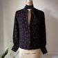 70s Silk Blood Drop Print Black & Red Pussybow Blouse / M