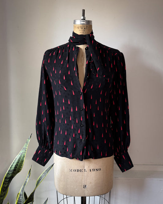 70s Silk Blood Drop Print Black & Red Pussybow Blouse / M