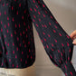 70s Silk Blood Drop Print Black & Red Pussybow Blouse / M