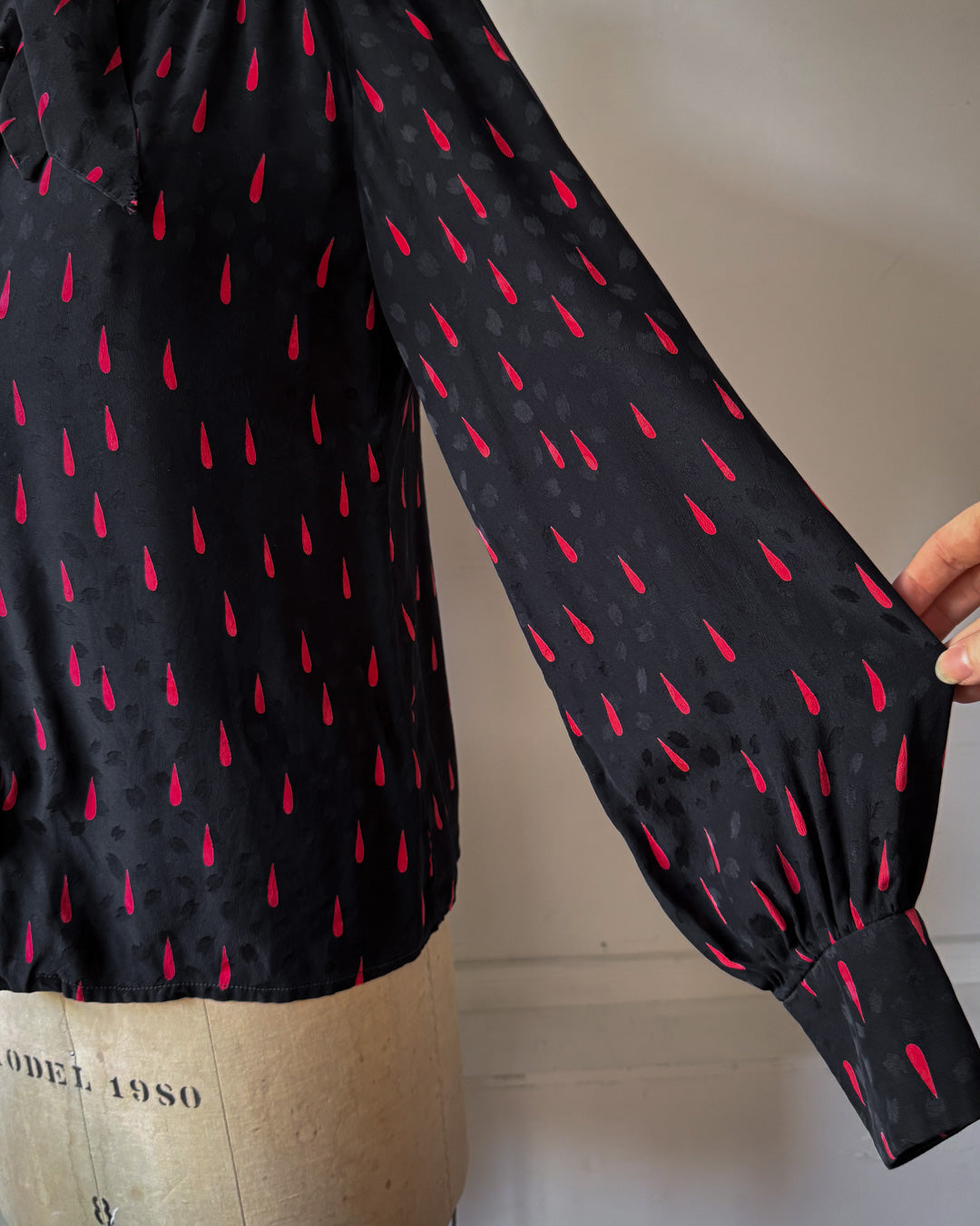 70s Silk Blood Drop Print Black & Red Pussybow Blouse / M