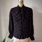 70s Silk Blood Drop Print Black & Red Pussybow Blouse / M