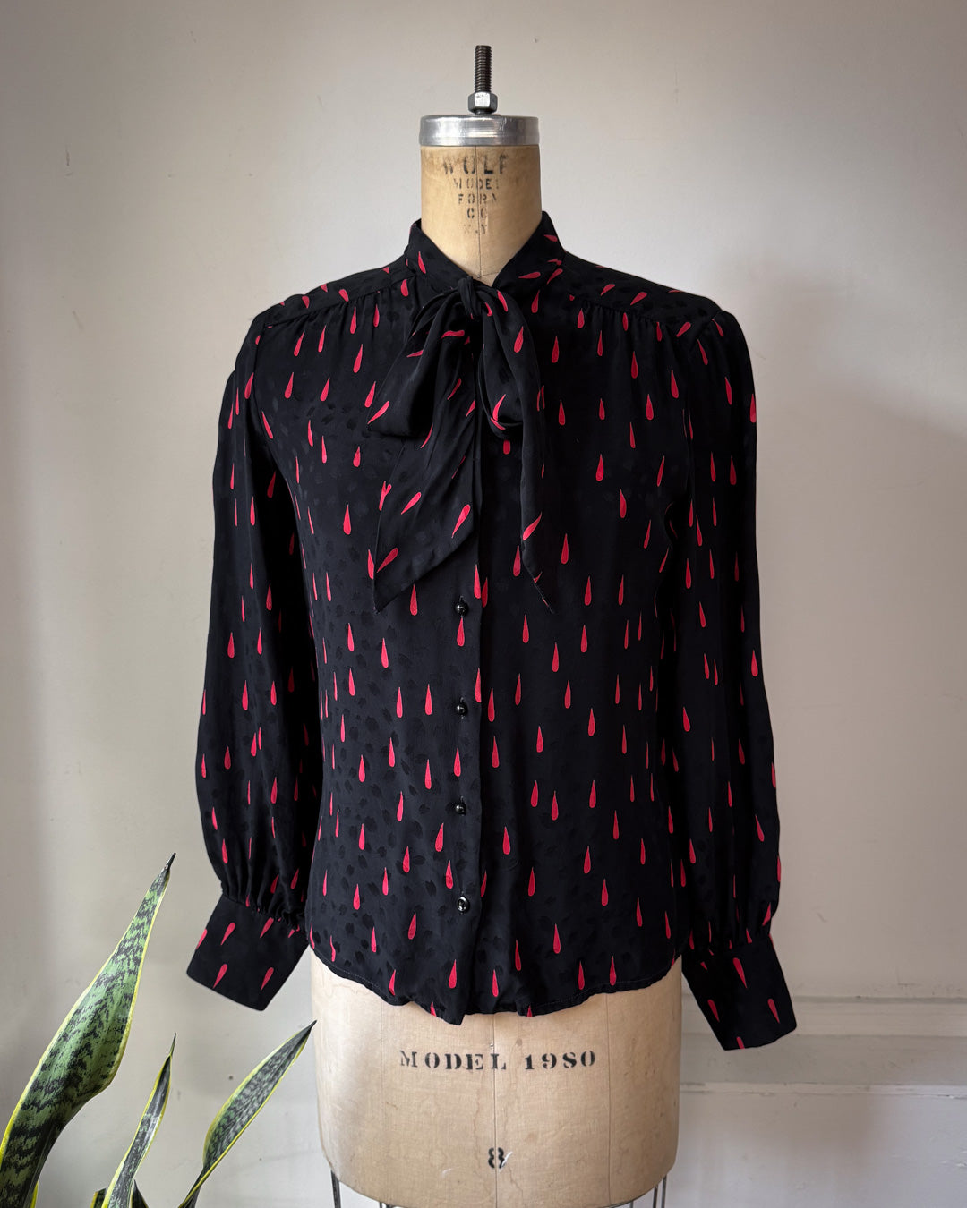 70s Silk Blood Drop Print Black & Red Pussybow Blouse / M