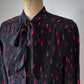 70s Silk Blood Drop Print Black & Red Pussybow Blouse / M
