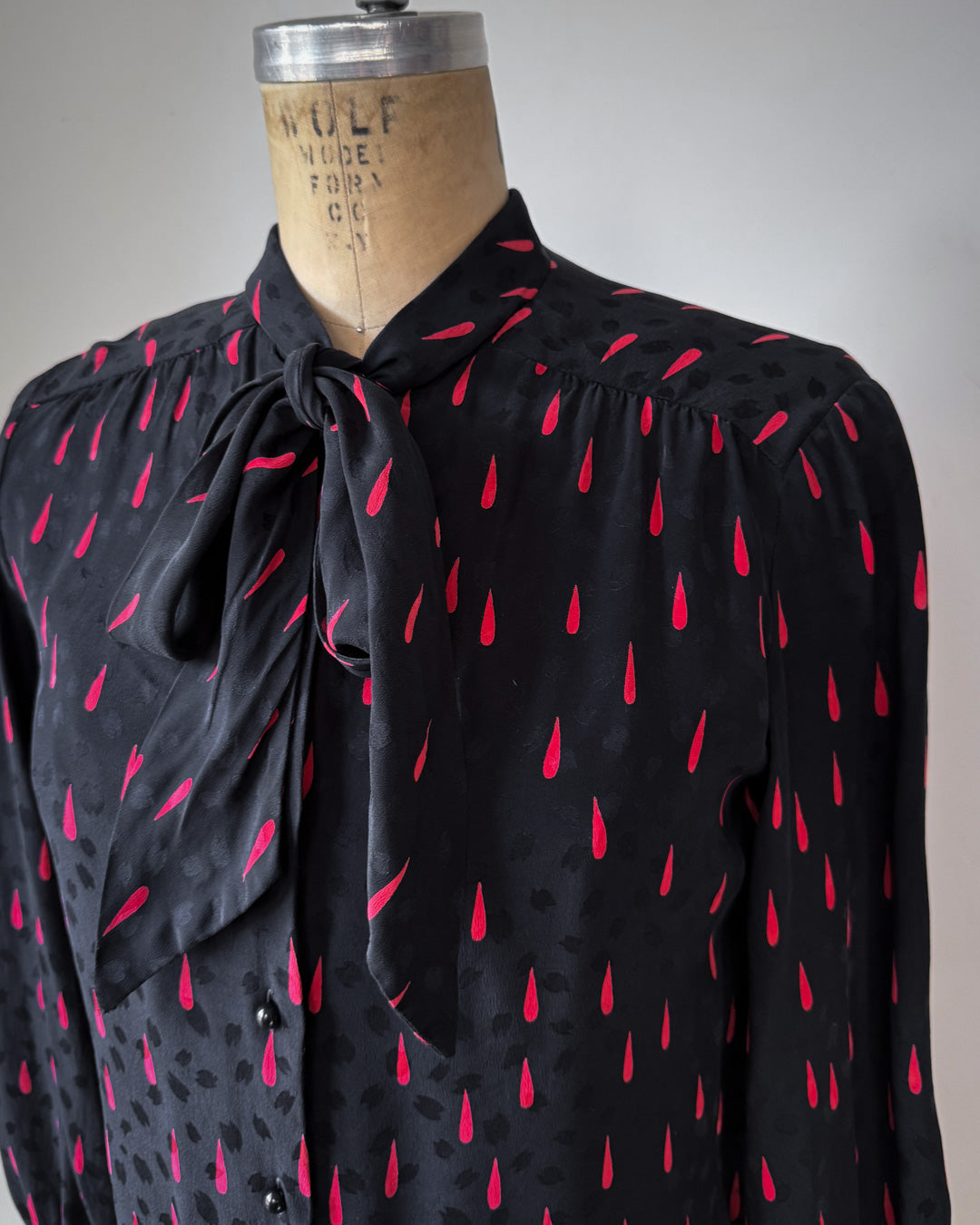 70s Silk Blood Drop Print Black & Red Pussybow Blouse / M