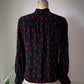 70s Silk Blood Drop Print Black & Red Pussybow Blouse / M