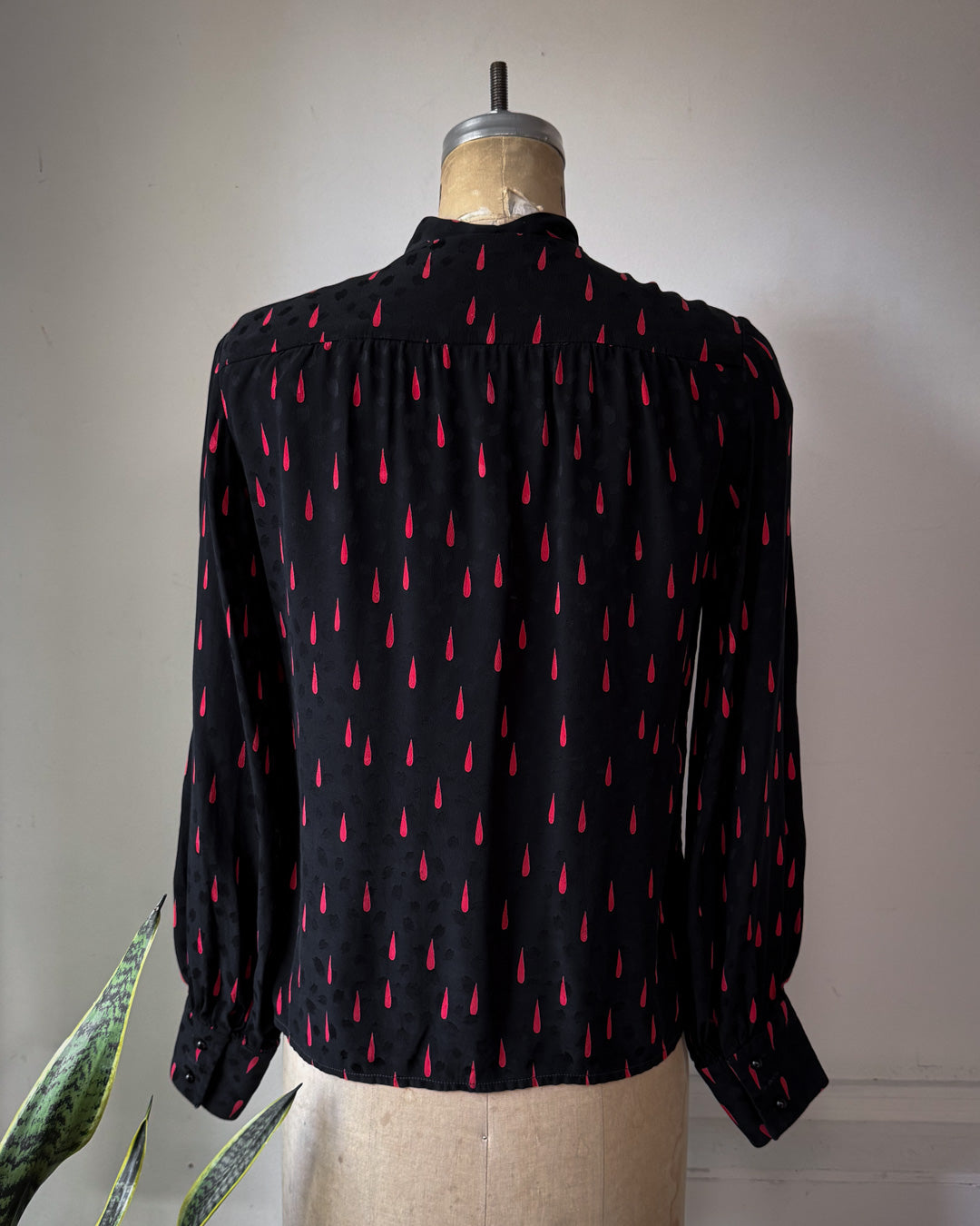 70s Silk Blood Drop Print Black & Red Pussybow Blouse / M
