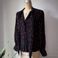 70s Silk Blood Drop Print Black & Red Pussybow Blouse / M