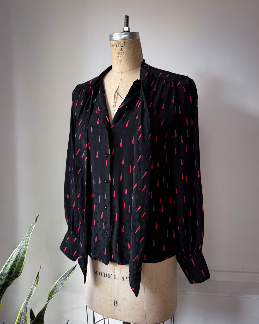 70s Silk Blood Drop Print Black & Red Pussybow Blouse / M