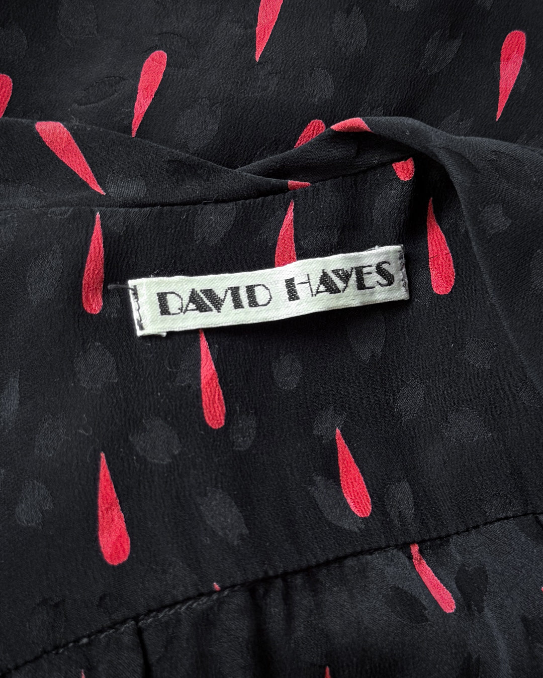 70s Silk Blood Drop Print Black & Red Pussybow Blouse / M