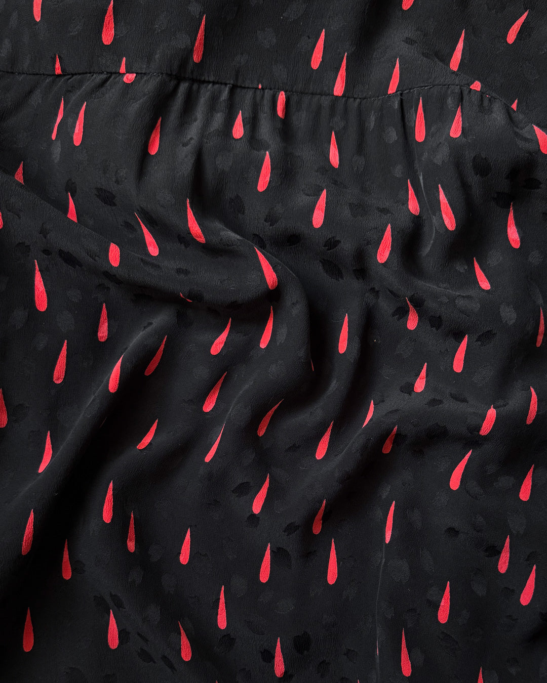 70s Silk Blood Drop Print Black & Red Pussybow Blouse / M