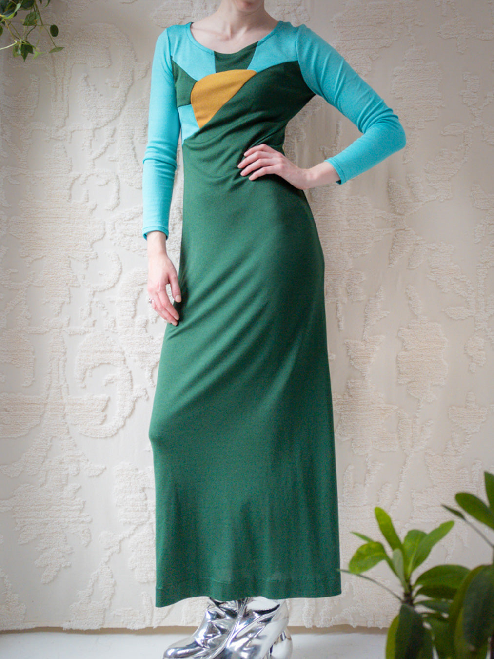 70s Pop Art Color Block Maxi Dress / M