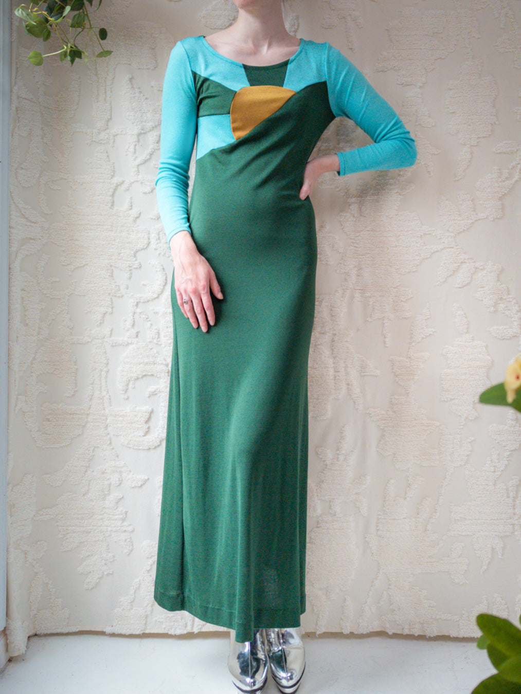 70s Pop Art Color Block Maxi Dress / M