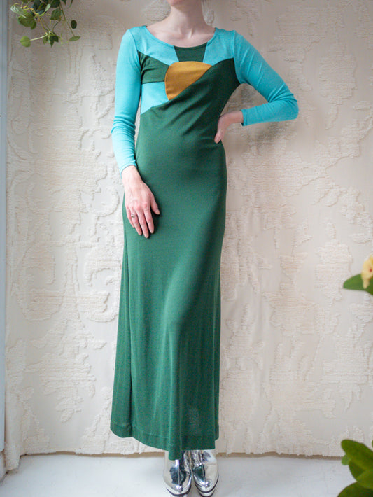 70s Pop Art Color Block Maxi Dress / M