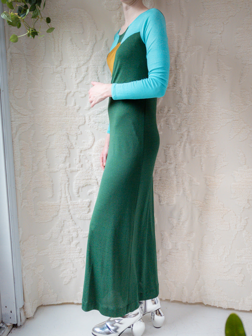 70s Pop Art Color Block Maxi Dress / M