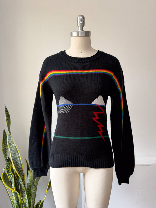 Rare 70s Black Novelty Rainbow Sweater / S