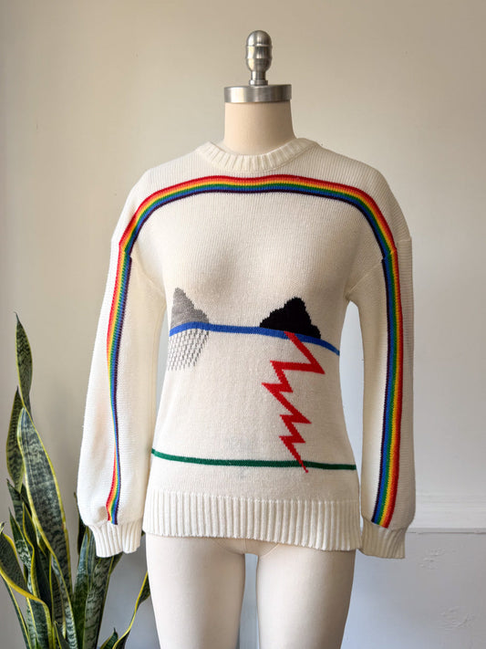 Rare 70s White Novelty Rainbow Sweater / S