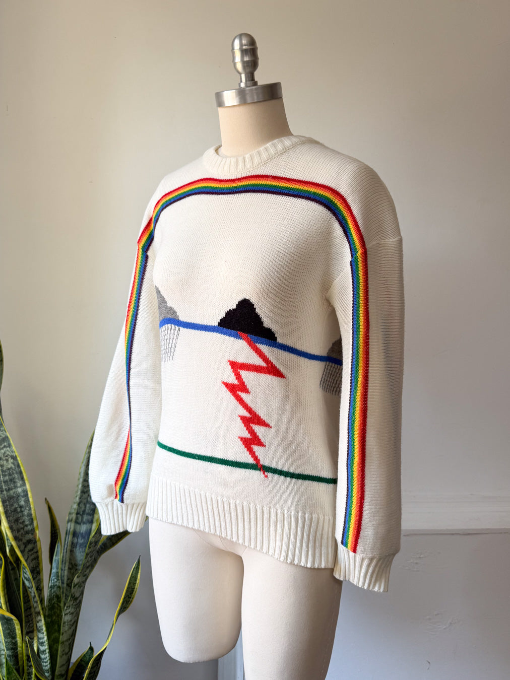 Rare 70s White Novelty Rainbow Sweater / S