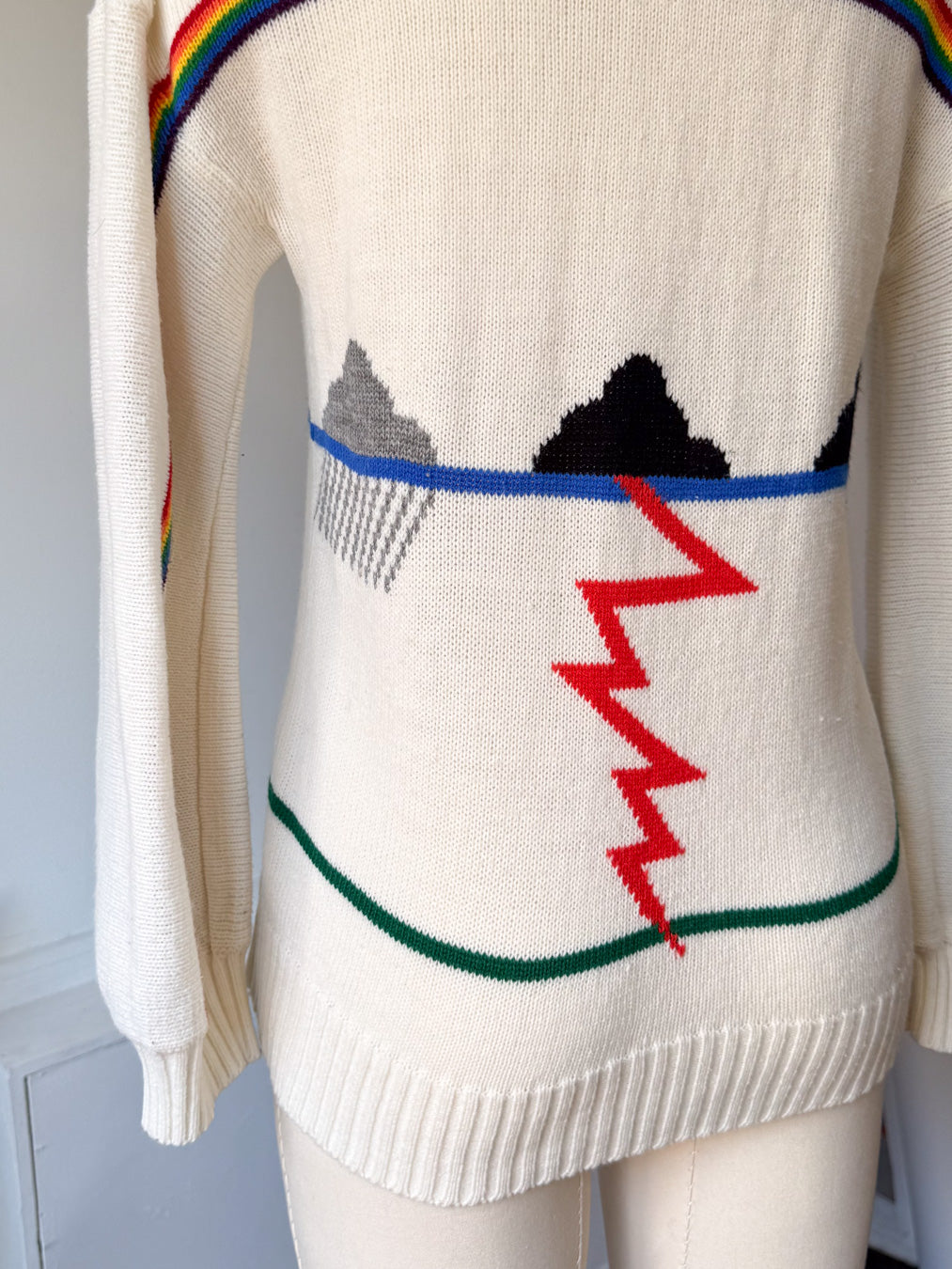 Rare 70s White Novelty Rainbow Sweater / S