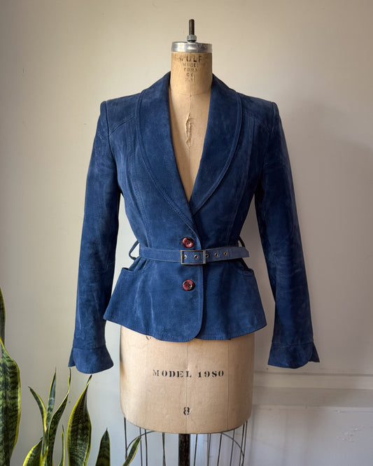 70s Gassy Jack Blue Suede Feminine Belted Peplum Crop Blazer Jacket / XS-S