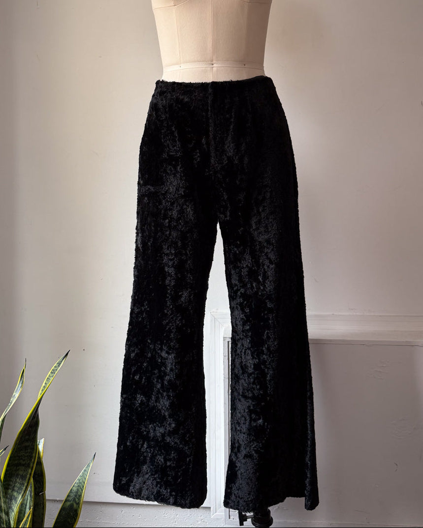 70s Furry Black Faux Fur Flare Pants / S