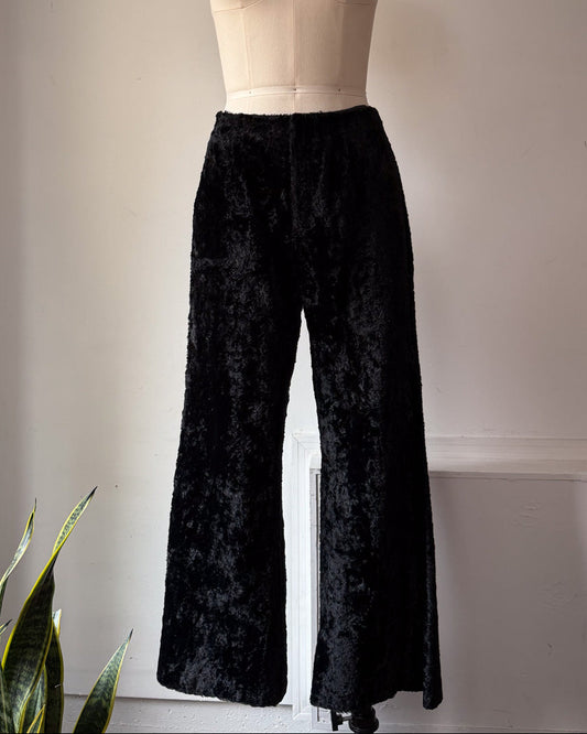 70s Furry Black Faux Fur Flare Pants / S