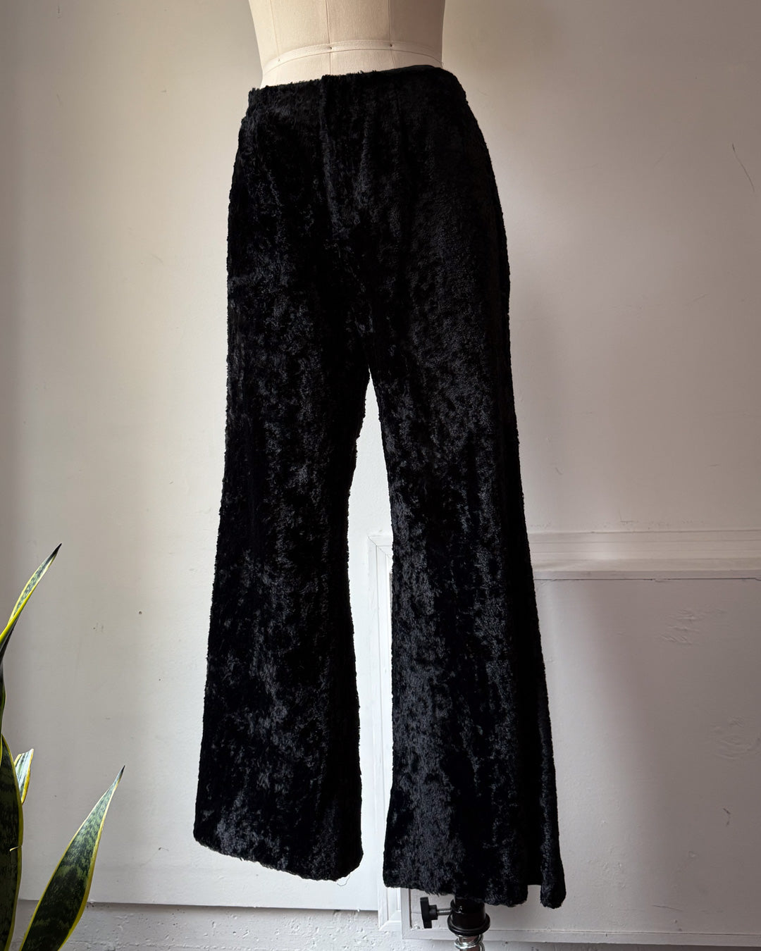 70s Furry Black Faux Fur Flare Pants / S