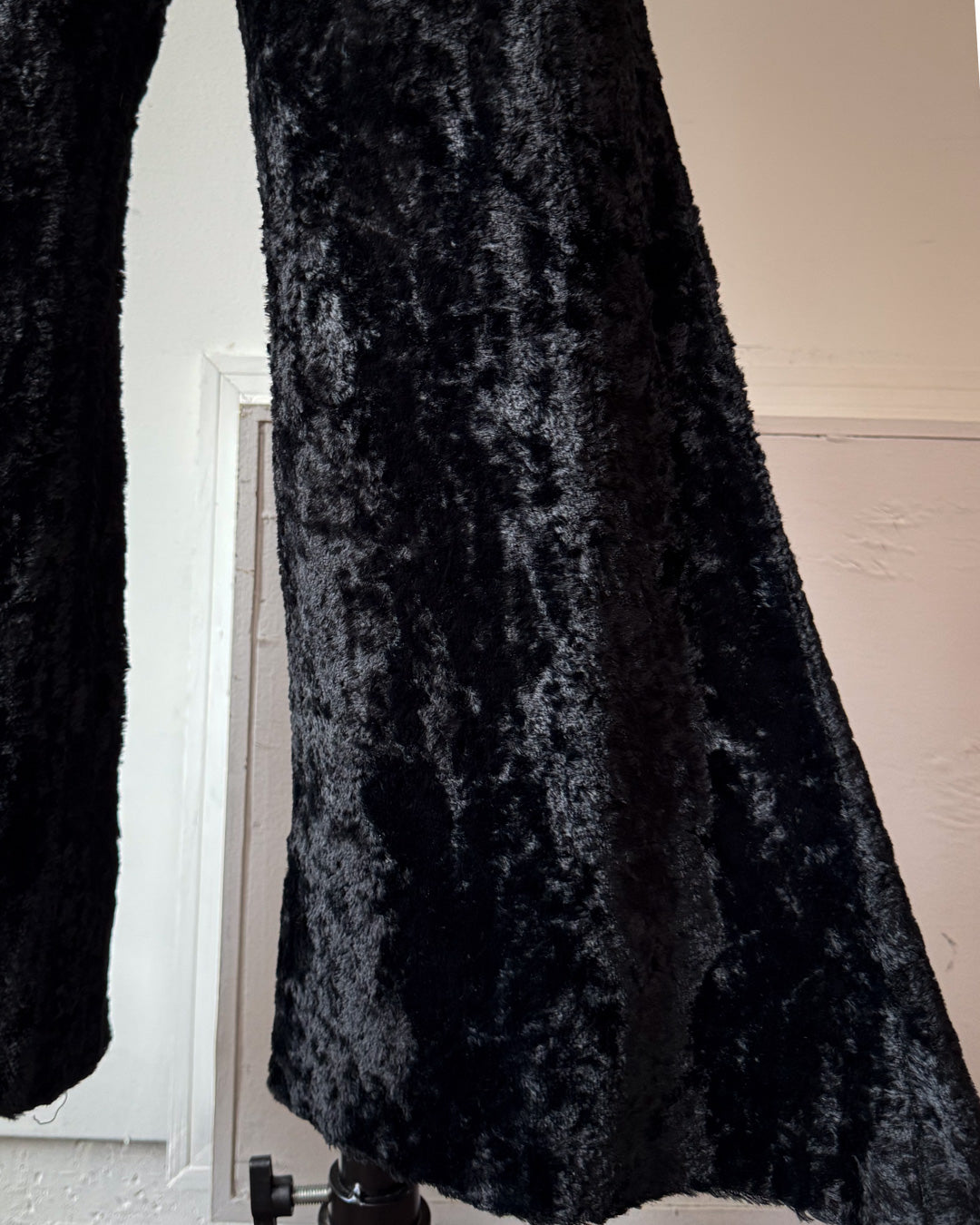 70s Furry Black Faux Fur Flare Pants / S