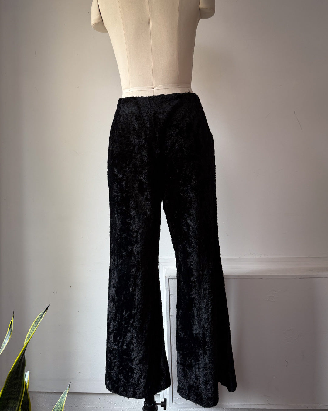 70s Furry Black Faux Fur Flare Pants / S