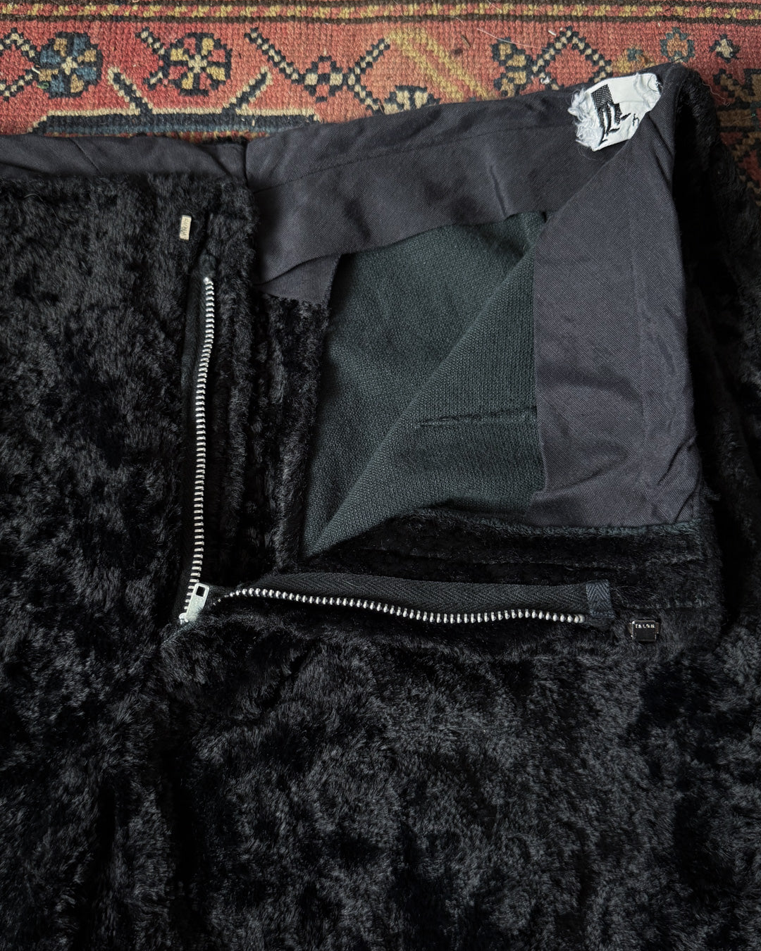 70s Furry Black Faux Fur Flare Pants / S