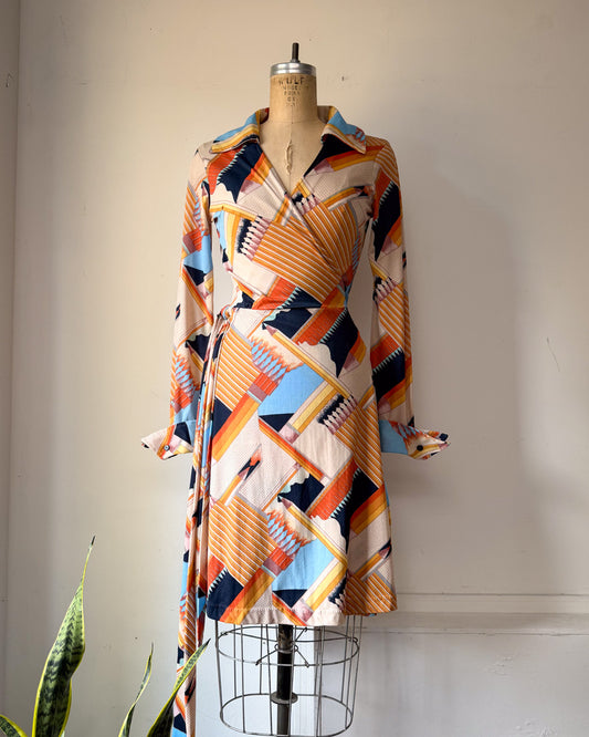 70s Novelty Pencils Pop Art Print Jersey Wrap Dress / M-L