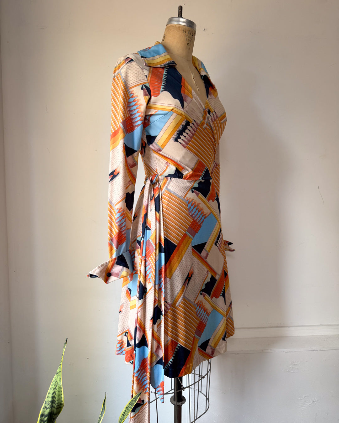 70s Novelty Pencils Pop Art Print Jersey Wrap Dress / M-L