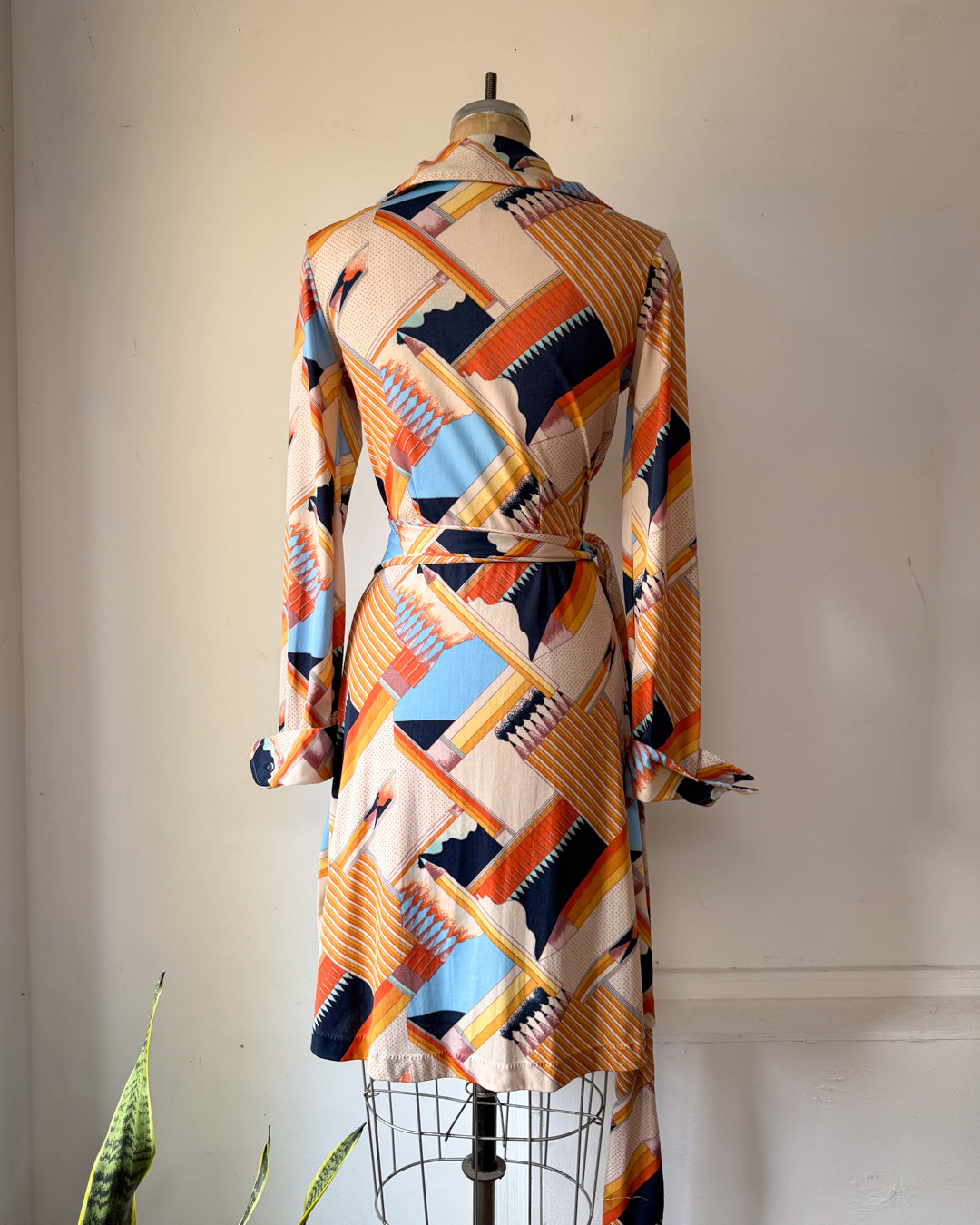 70s Novelty Pencils Pop Art Print Jersey Wrap Dress / M-L
