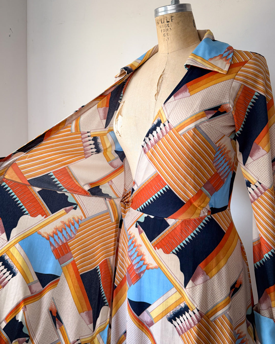70s Novelty Pencils Pop Art Print Jersey Wrap Dress / M-L