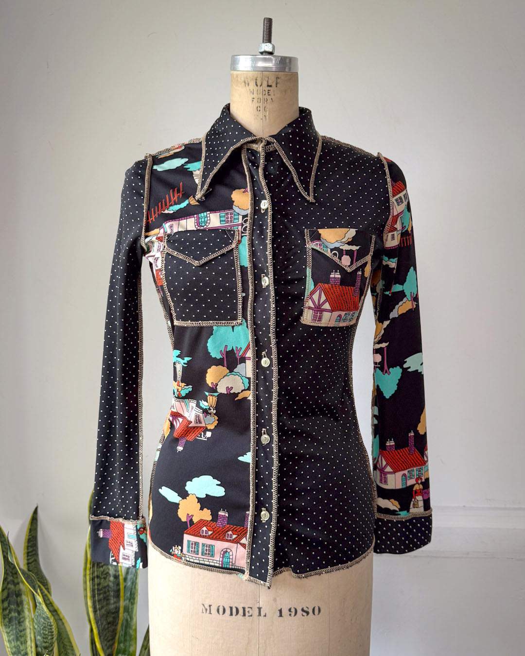 70s Novelty Houses & Polka Dot Mixed Print Disco Shirt / S