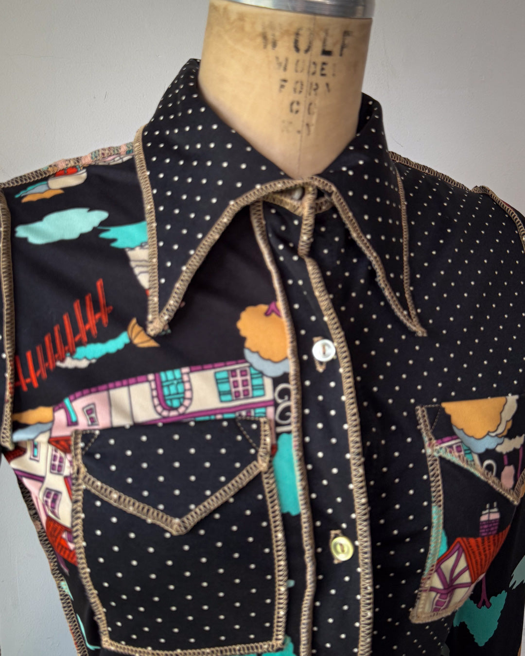70s Novelty Houses & Polka Dot Mixed Print Disco Shirt / S
