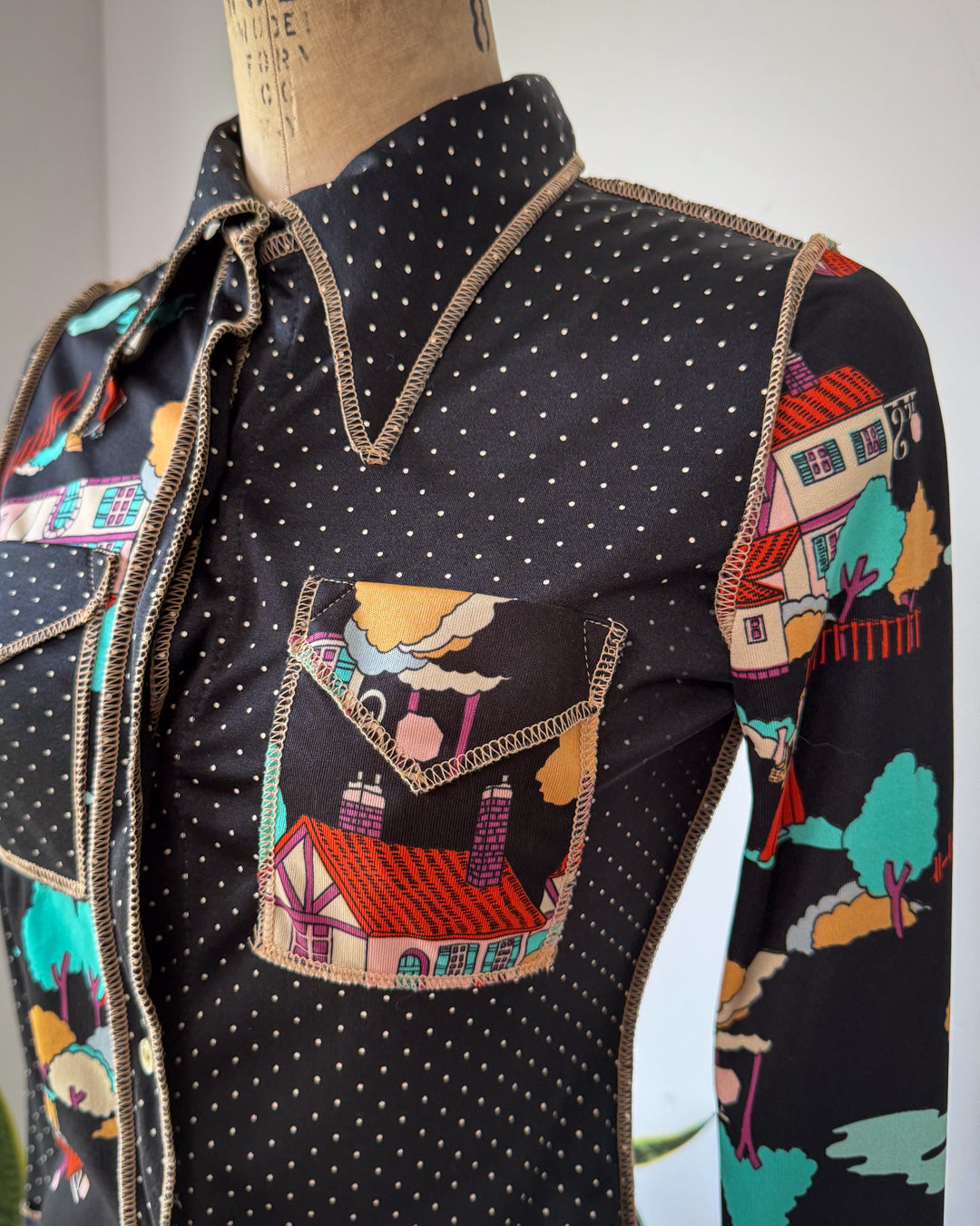 70s Novelty Houses & Polka Dot Mixed Print Disco Shirt / S
