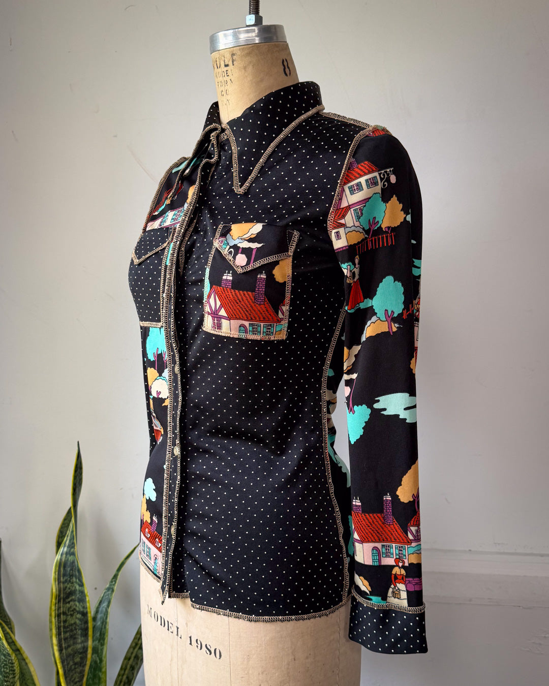 70s Novelty Houses & Polka Dot Mixed Print Disco Shirt / S