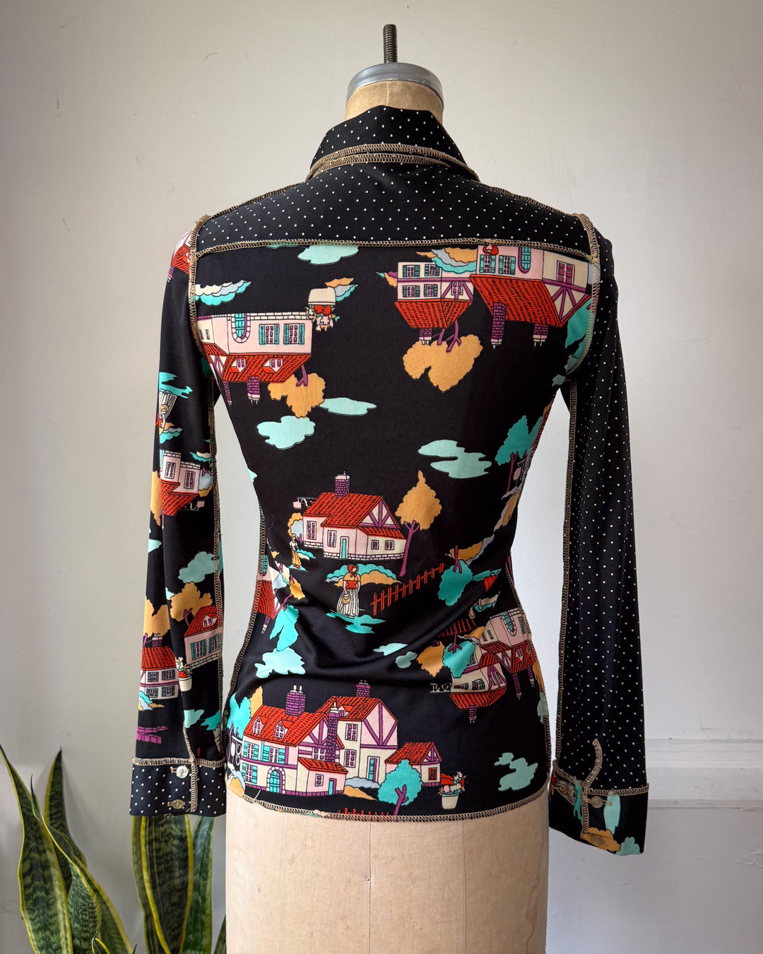 70s Novelty Houses & Polka Dot Mixed Print Disco Shirt / S