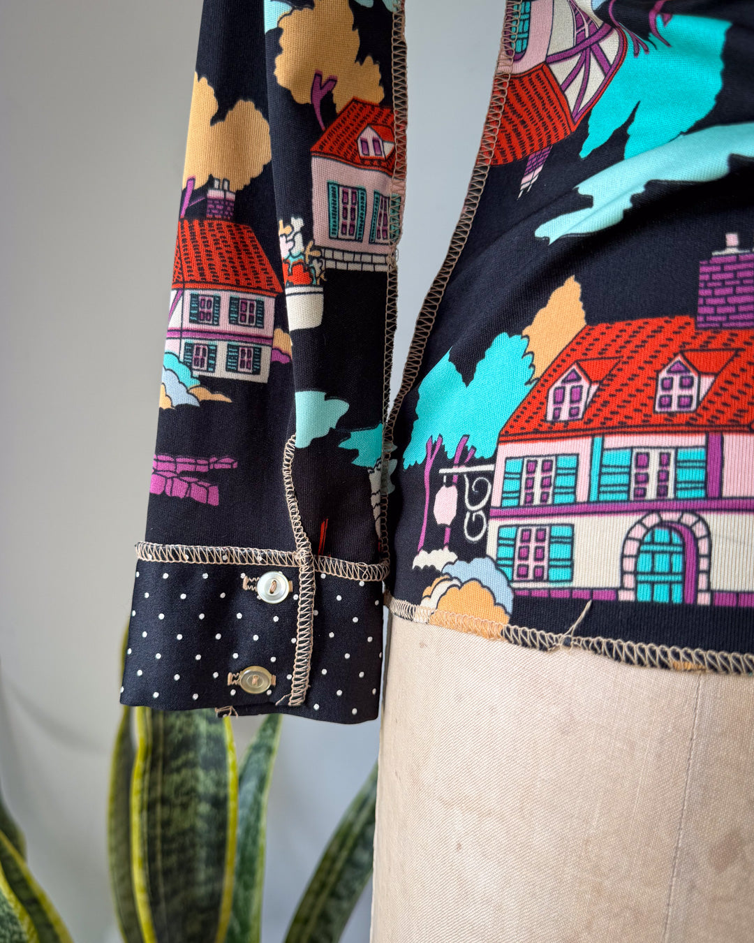 70s Novelty Houses & Polka Dot Mixed Print Disco Shirt / S