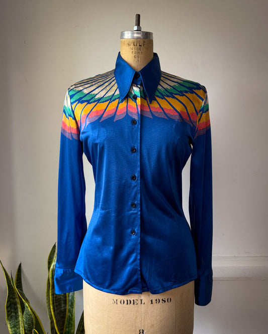 70s Nik Nik Novelty Print Rainbow Bird Feather Disco Shirt / M