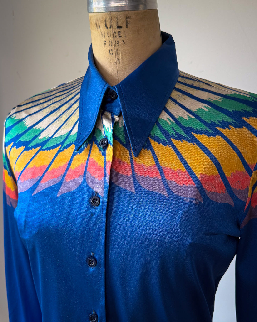 70s Nik Nik Novelty Print Rainbow Bird Feather Disco Shirt / M