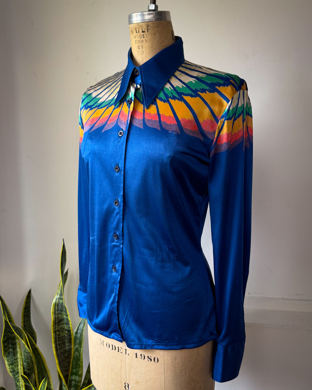 70s Nik Nik Novelty Print Rainbow Bird Feather Disco Shirt / M
