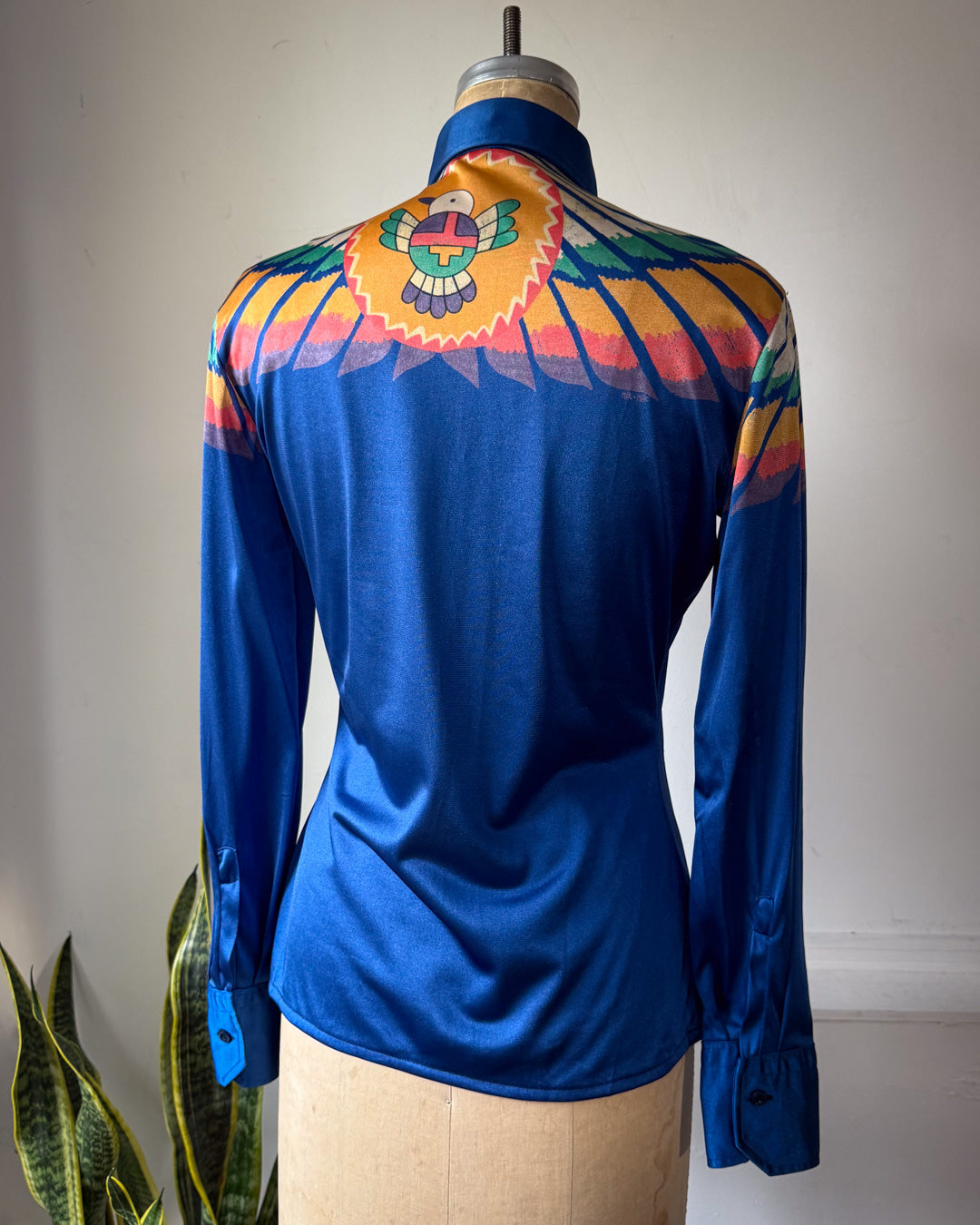 70s Nik Nik Novelty Print Rainbow Bird Feather Disco Shirt / M