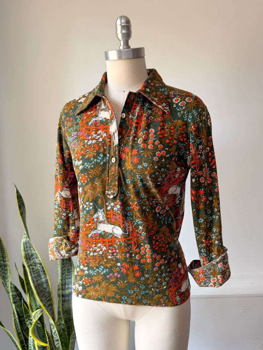 70s Unicorn in Captivity Novelty Print Shirt / M